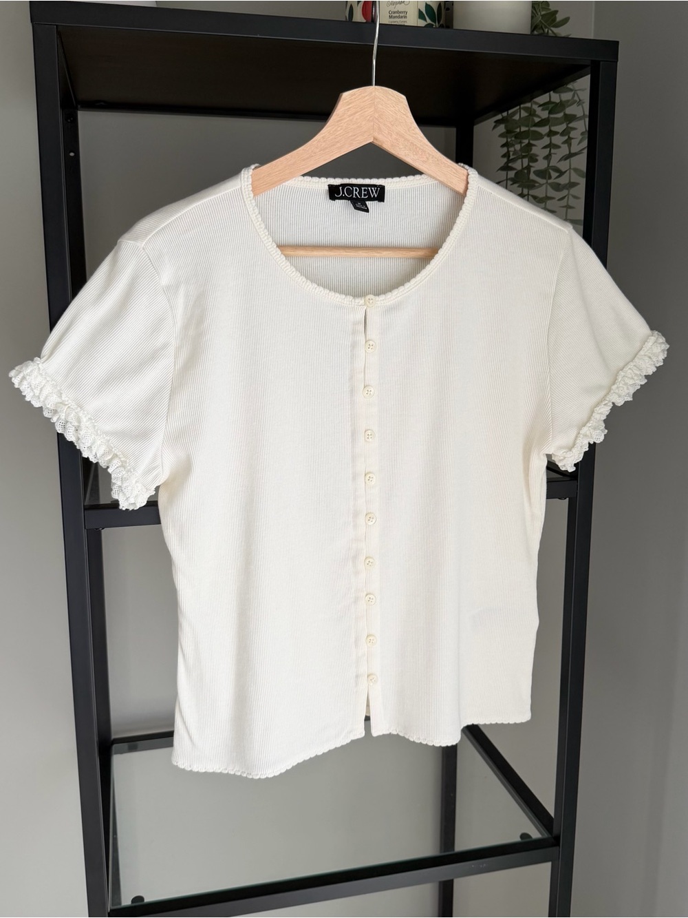 J. Crew Fine Rib Crochet Trim Short Sleeve Cardigan
